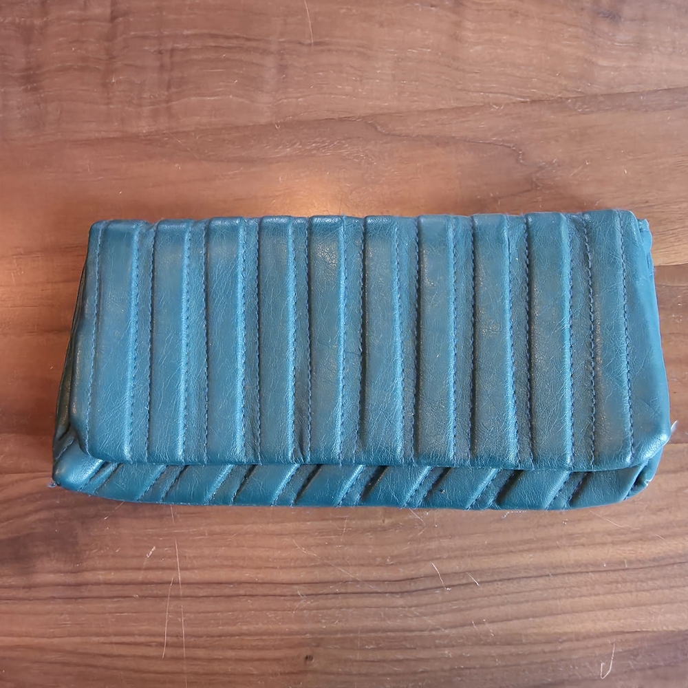 Vintage Teal Leather Clutch Oktpa Cream Interior with Zip Pocket Magnetic Bag
